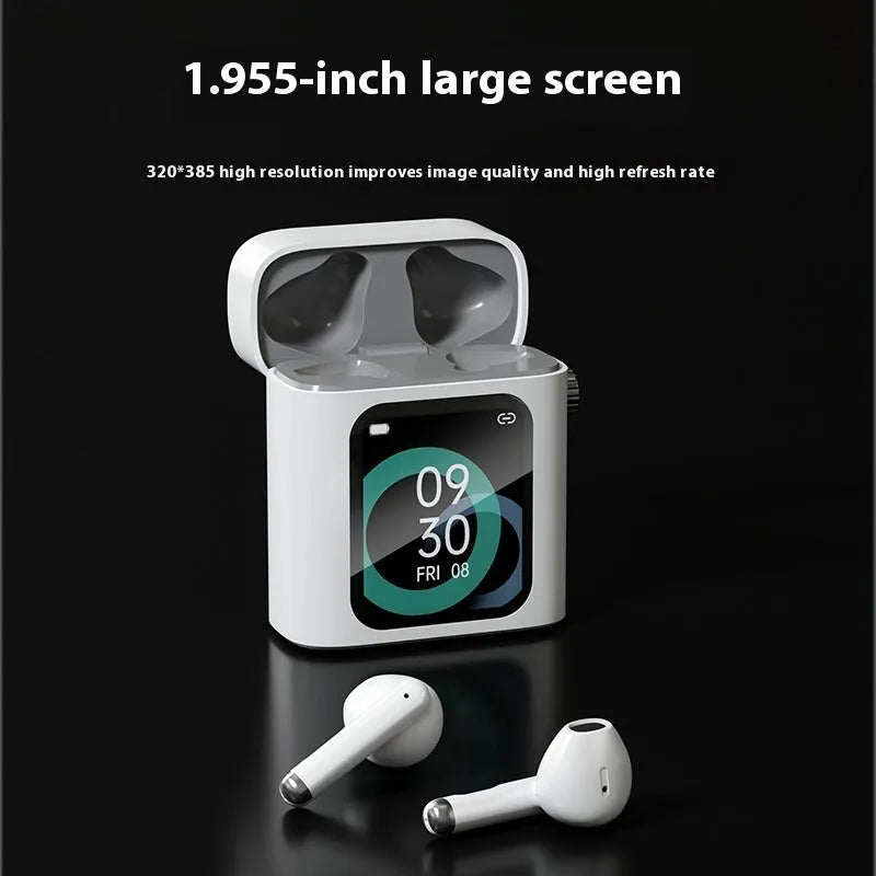 Bluetooth wireless TWS earbuds with large digital display charging case in black and white options