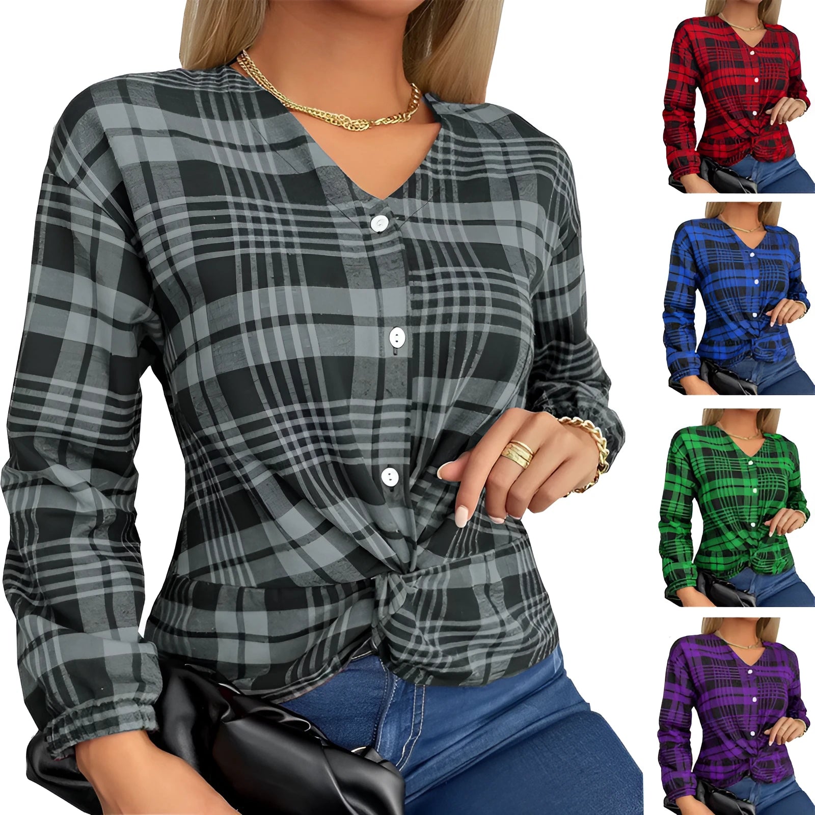 Women's purple plaid casual loose shirt with regular sleeves on mannequin