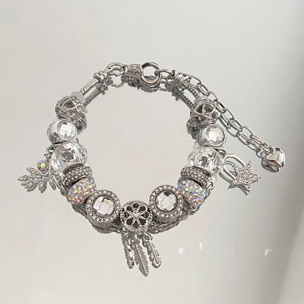Women's dreamcatcher bracelet with colourful crystals, star shape, electroplated mixed material finish