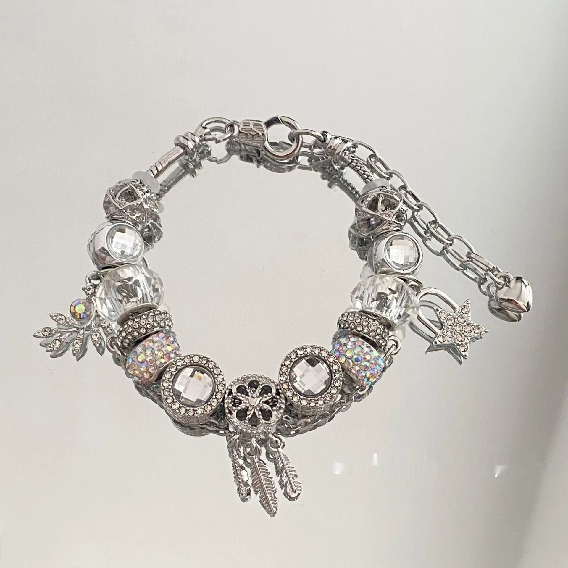 Women's dreamcatcher bracelet with colourful crystals, star shape, electroplated mixed material finish