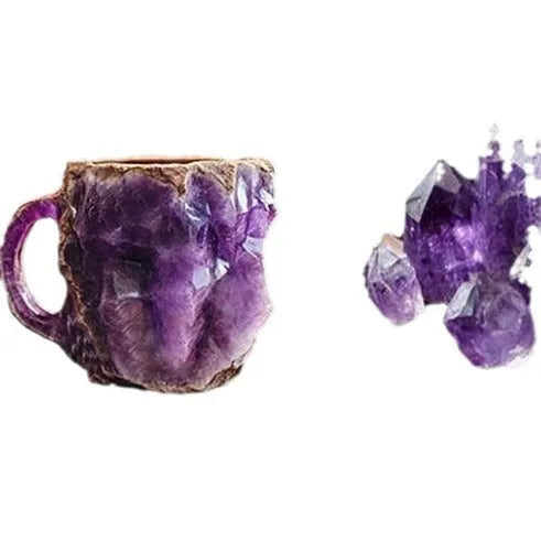 A purple resin coffee mug with a handle, showing a crystal-like structure, on a table.
