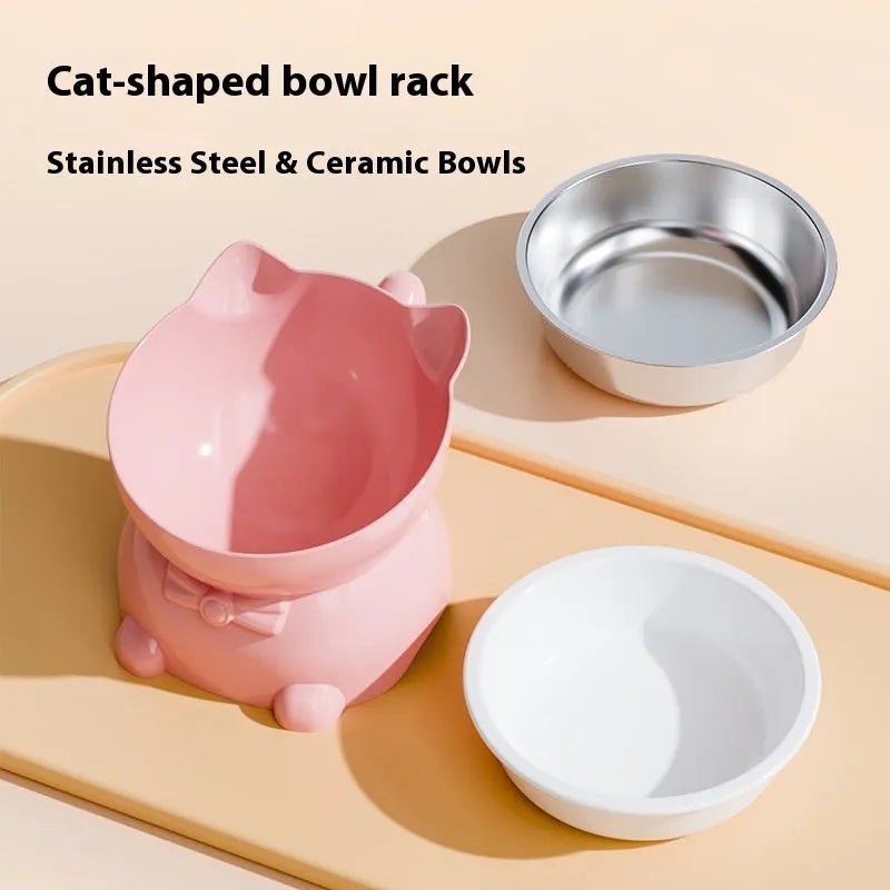 Stainless steel slanted cat bowl in blue colour on a wooden floor, showing its anti-spill design.