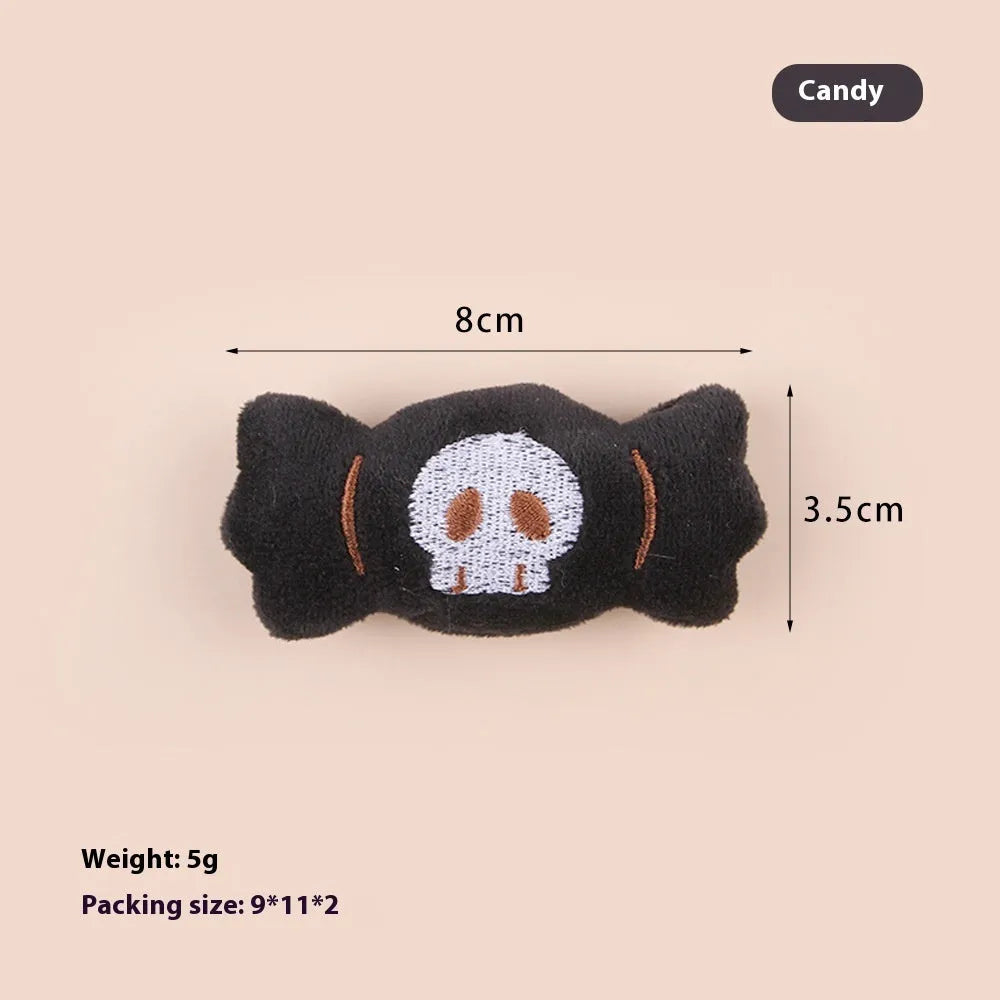 Small plush cat teaser wand toy on a white background, showing eye, candy, and skull design options.
