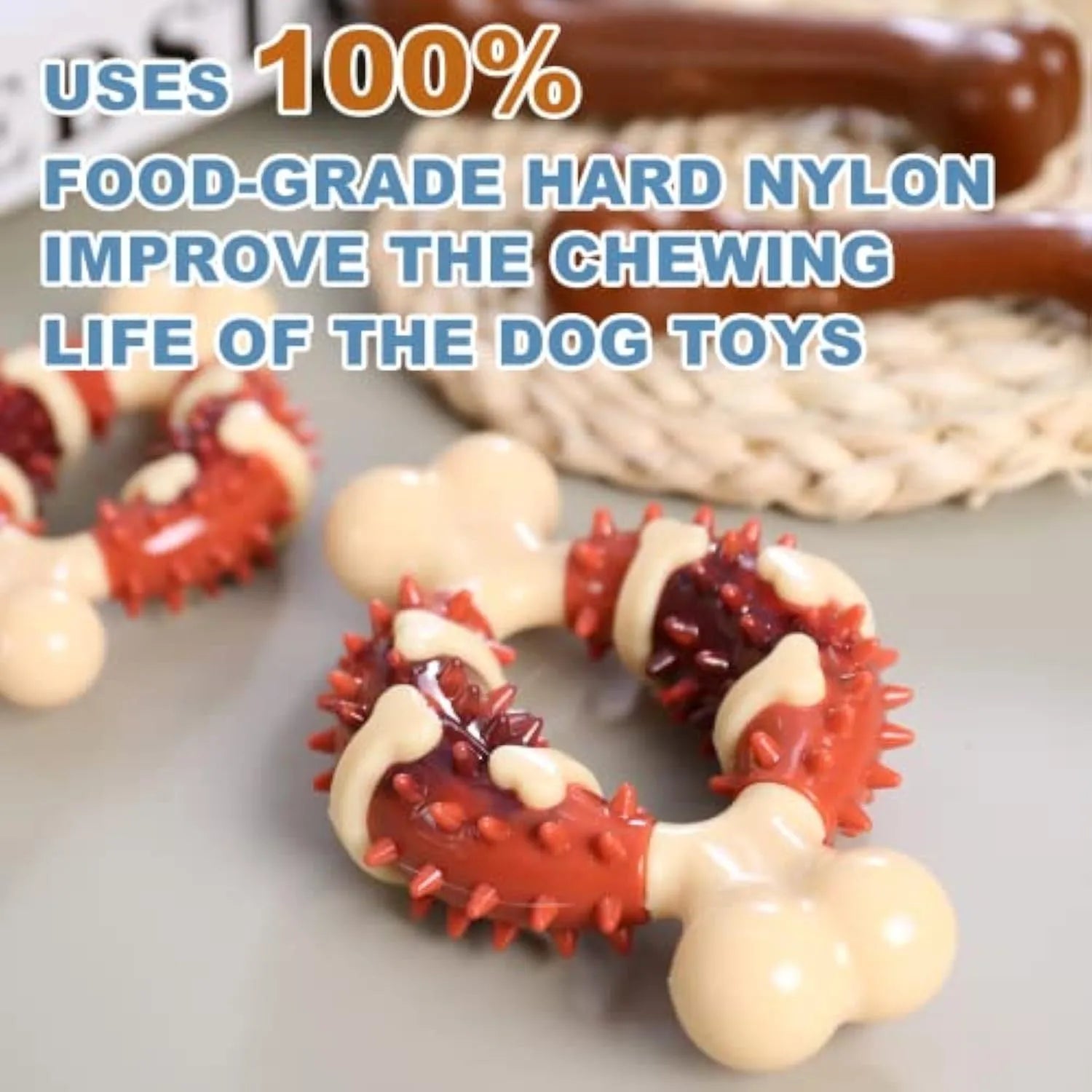 Bone-shaped natural rubber dog molar chew toy for teeth grinding, shown in large and small sizes.