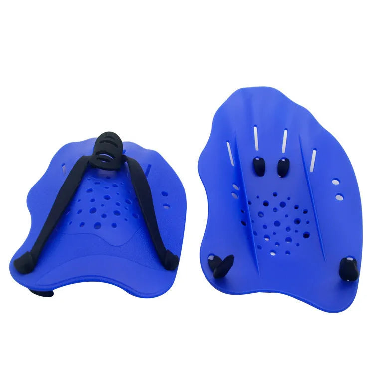 Pair of black webbed swim training hand paddles with five individual finger loops, laying flat on a blue background.