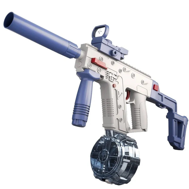 Electric automatic water gun in blue and pink with large capacity tank for continuous spray outdoor play