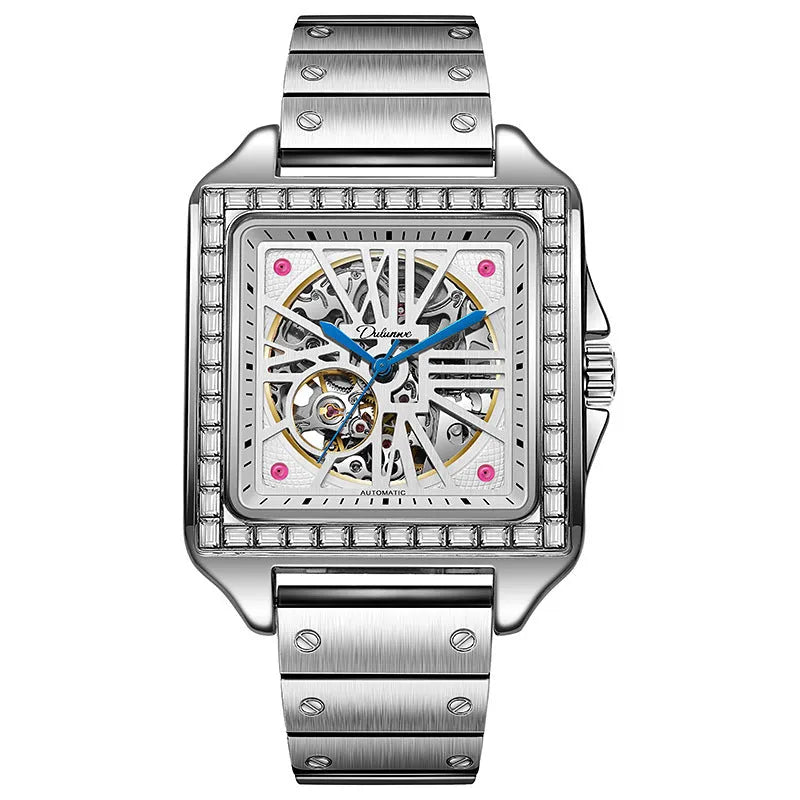 Men's square automatic watch with diamond studs on a black leather strap.