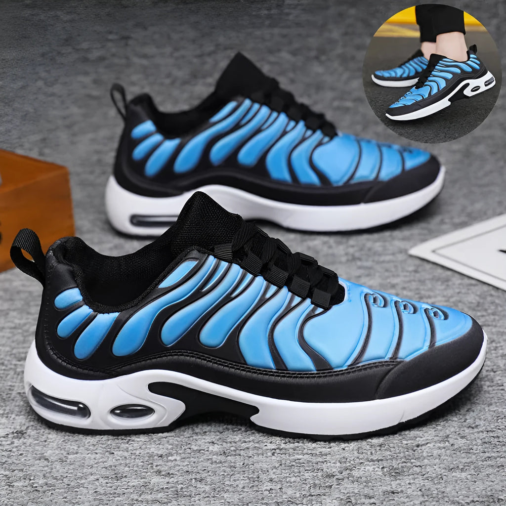 Colour-blocked lace-up sneakers for men with breathable fabric upper, rubber sole, and air cushion support in black and grey