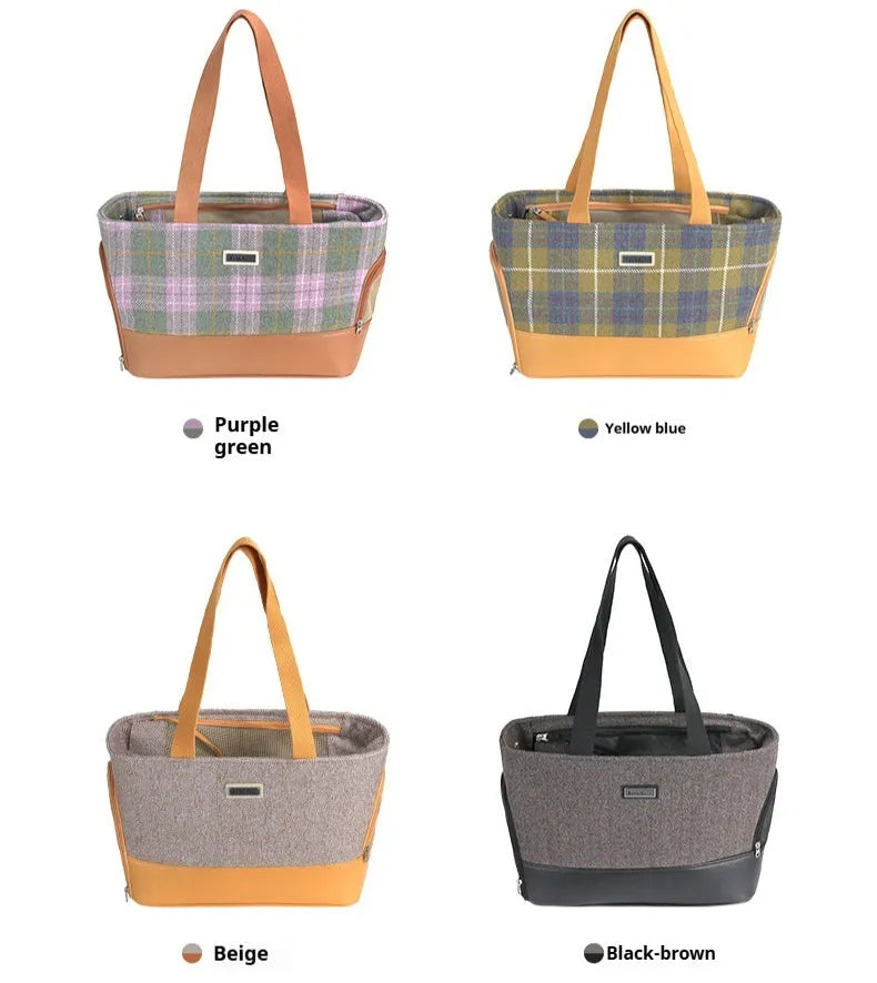 Portable pet backpack in beige brown with breathable space capsule, wool PU construction, side view