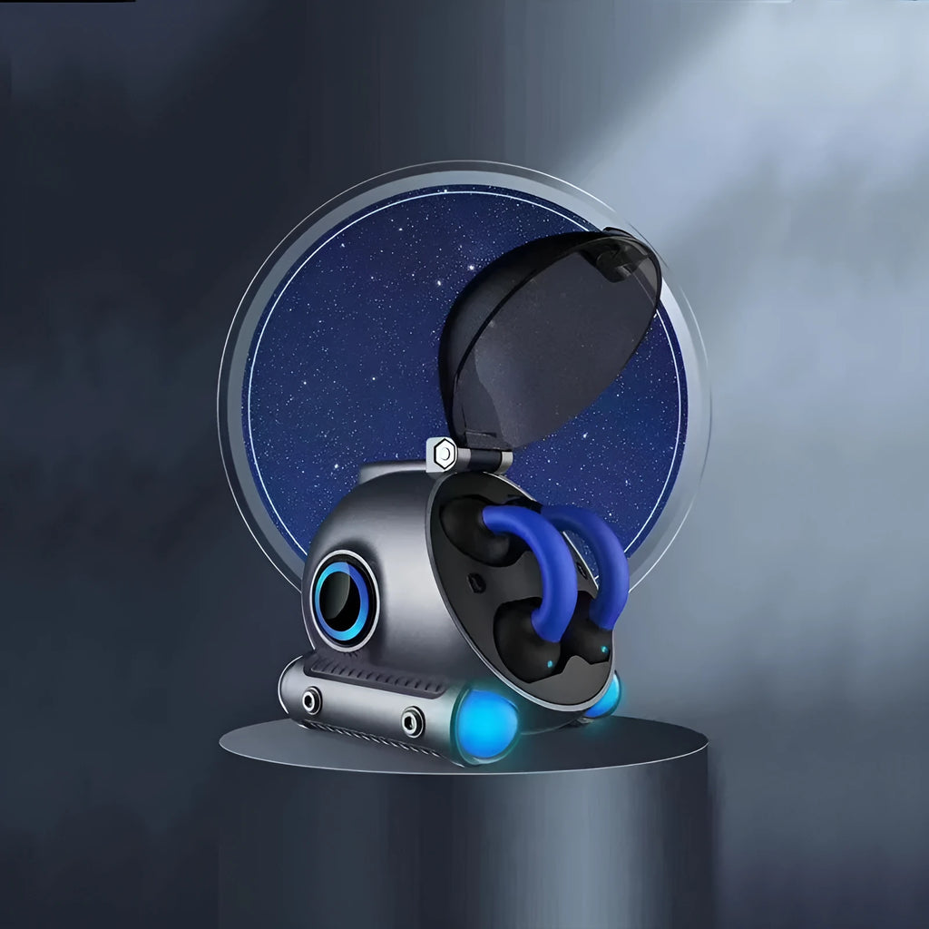 A black or white clip-type wireless Bluetooth headset for sports and hands-free calls.