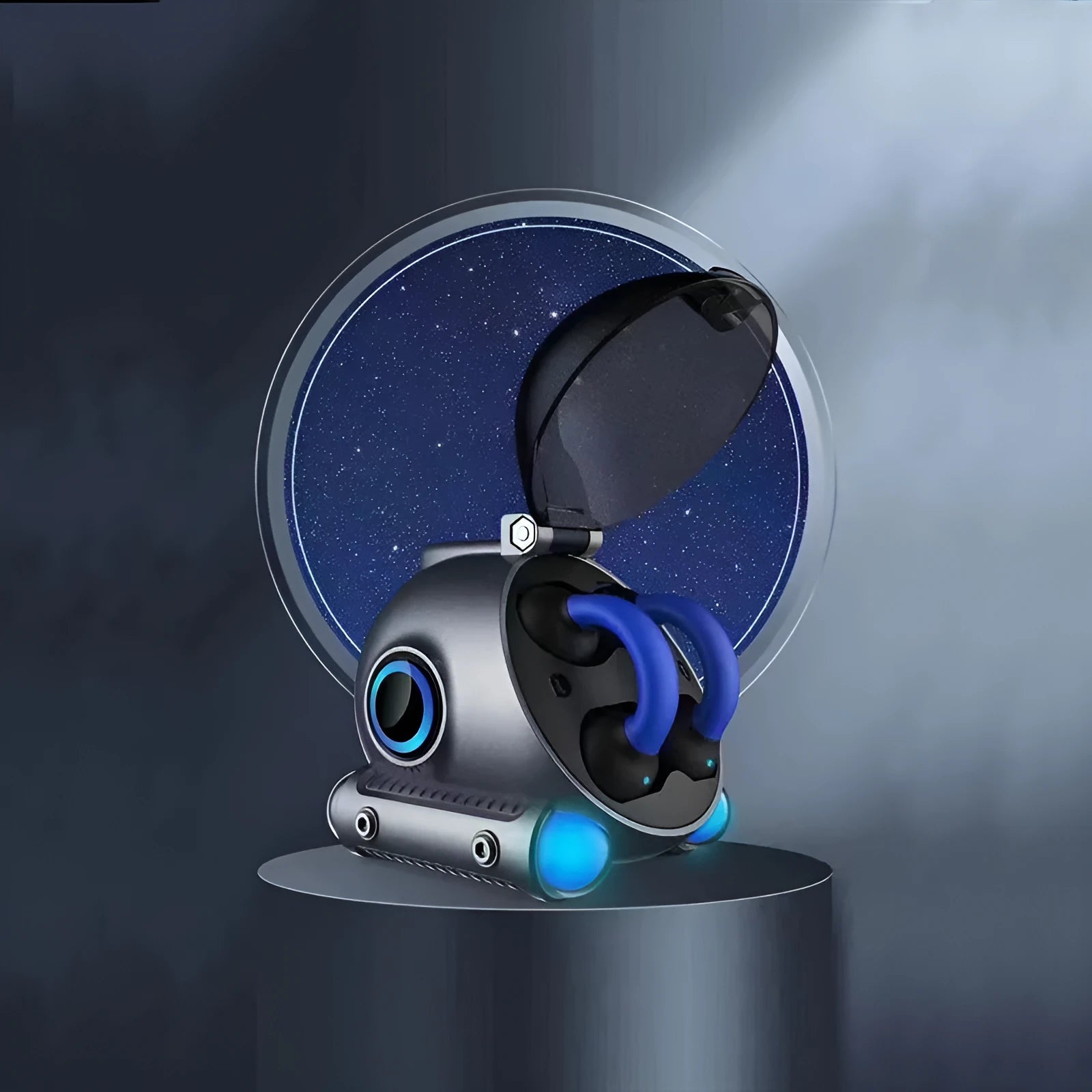 A black or white clip-type wireless Bluetooth headset for sports and hands-free calls.