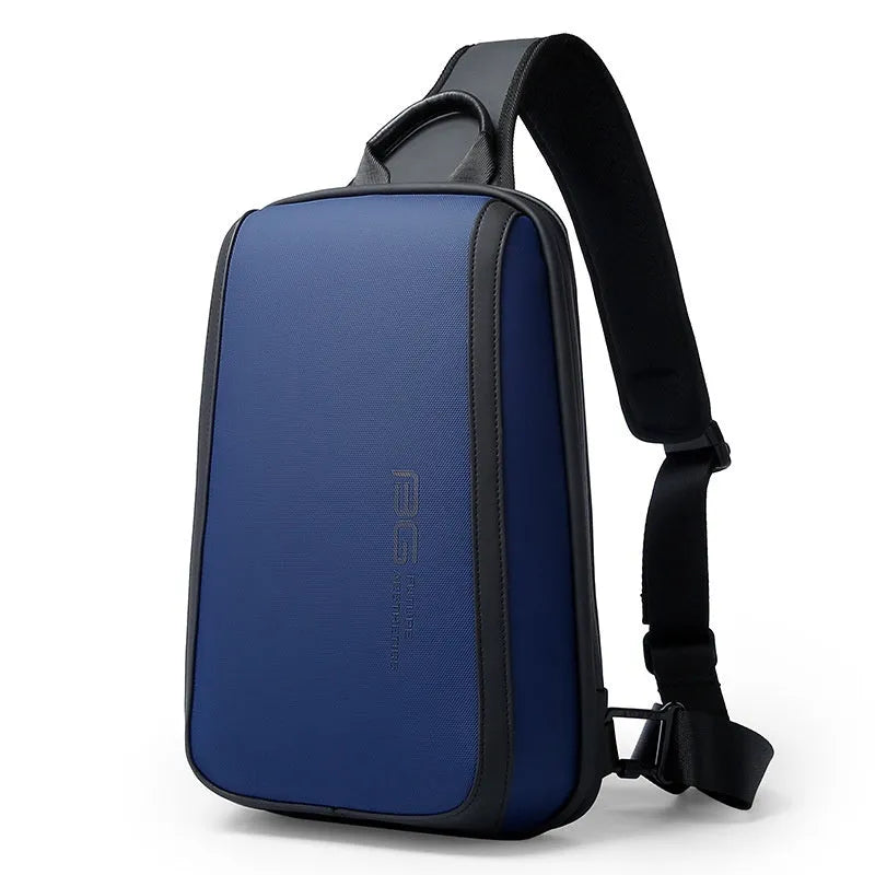 Blue men's Oxford cloth chest bag with adjustable shoulder straps, shown with soft handle.