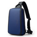 Blue men's Oxford cloth chest bag with adjustable shoulder straps, shown with soft handle.