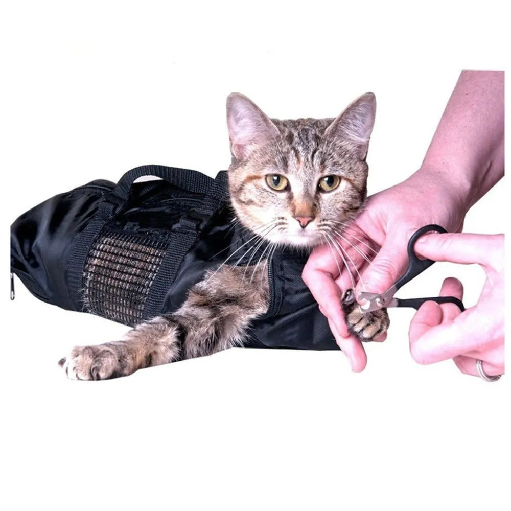 Black 420D Oxford fabric cat washing and medicine feeding bag, shown folded and unfolded.