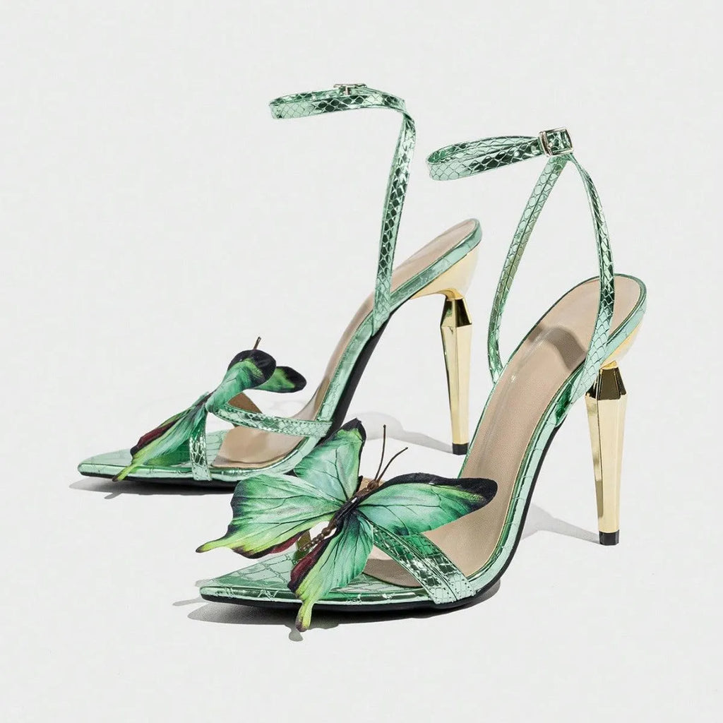 Women's green PU sandals with three-dimensional butterfly decoration and electroplated stiletto heel