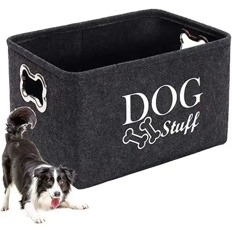 Dark grey felt storage box with metal handle for pet toys snacks sundries measuring 38x27x25 cm