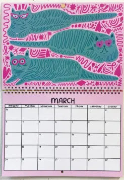 A3 landscape cat calendar wall planner showing monthly feline illustrations