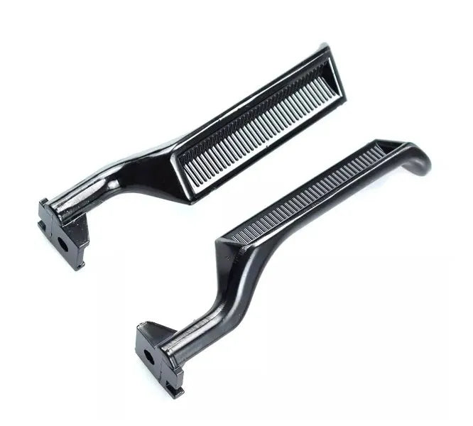 Pair of black zinc alloy automobile interior door handles, one left-hand and one right-hand.
