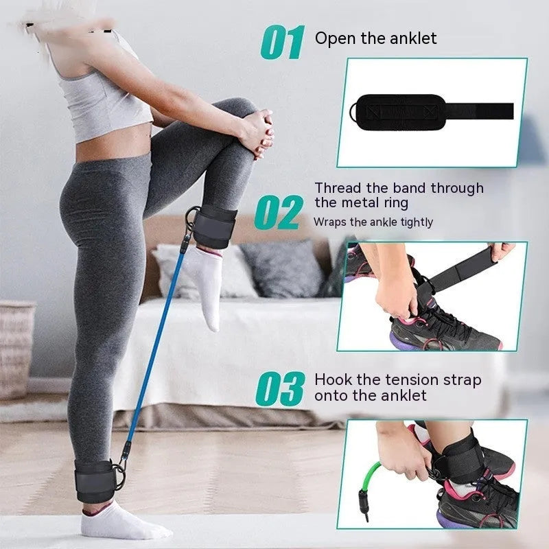 TPE resistance band set with three tension levels and ankle loops for fitness training