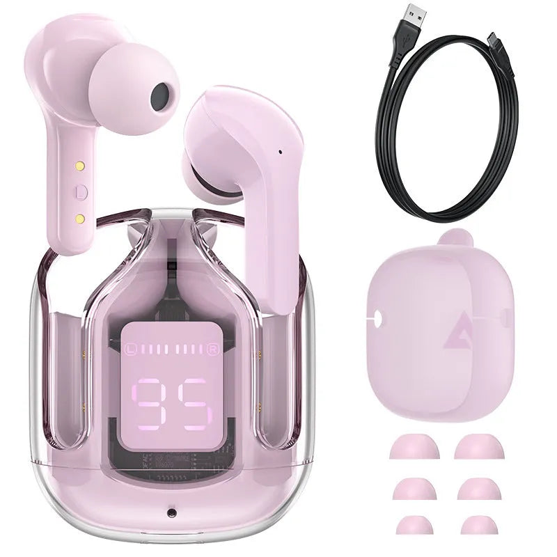 Mini wireless Bluetooth headset with LED digital display, shown in one of five colour options with charging case and earplugs