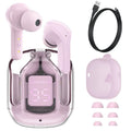 Mini wireless Bluetooth headset with LED digital display, shown in one of five colour options with charging case and earplugs