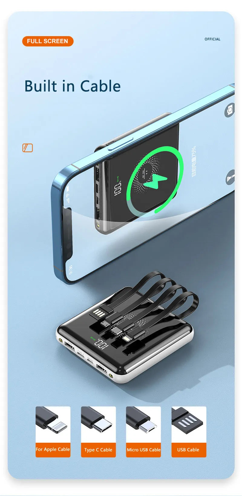 Compact square 20000mAh PD fast charging power bank with LCD screen in red, green, or black.