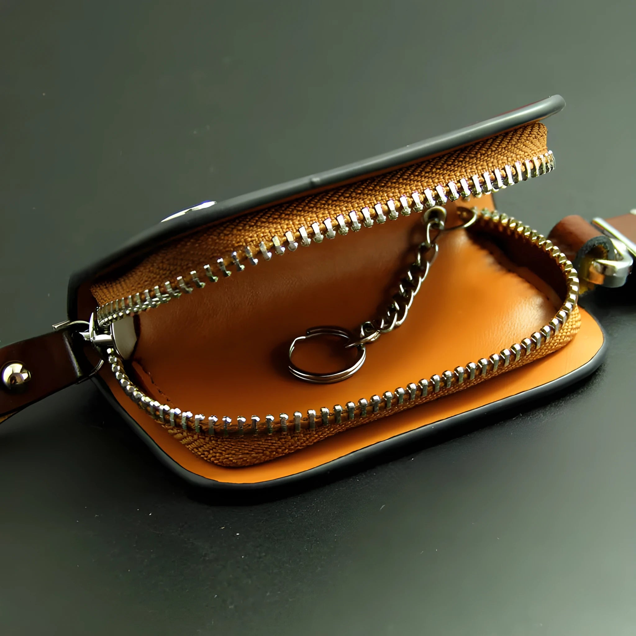Genuine leather car key case with frosted finish and zipper closure