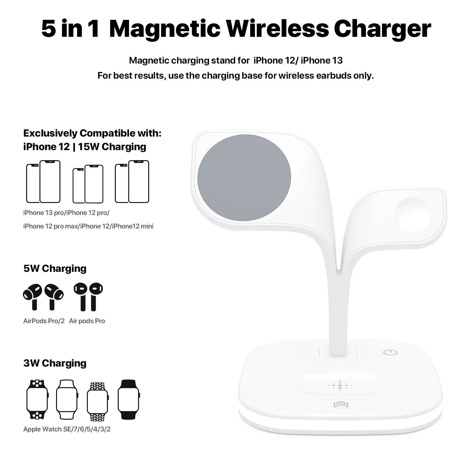 Black 3-in-1 wireless charging station holding a phone, smartwatch, and headphones on a desk.