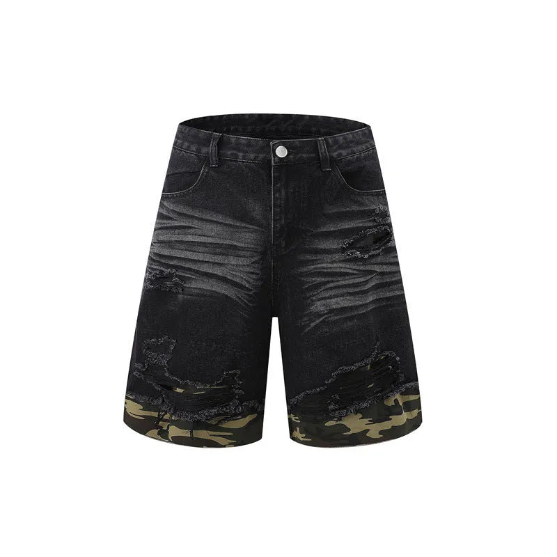 Leopard print denim short sleeve jacket and matching shorts set with raw cut edge stitching.