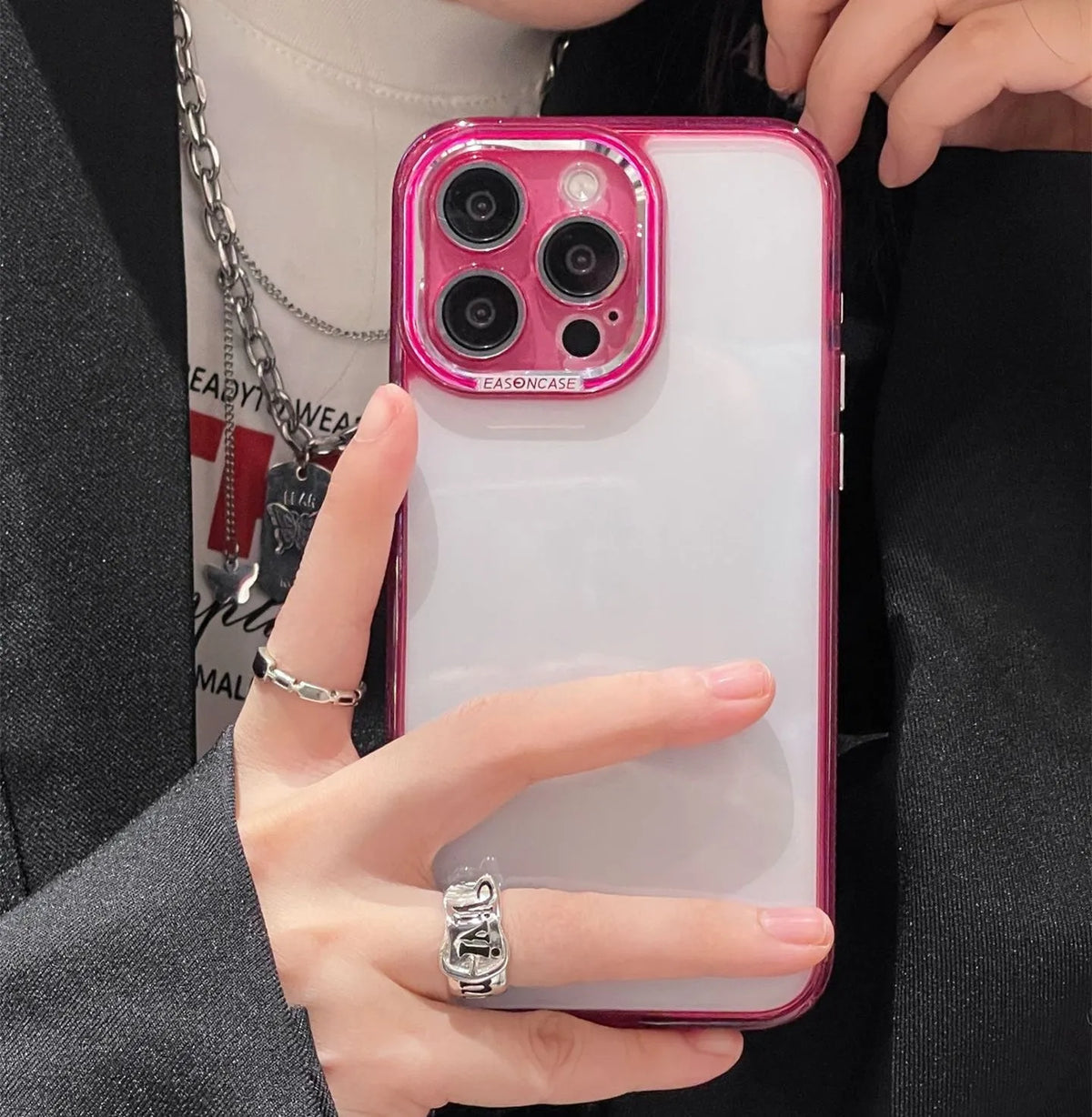 Freezing Point transparent acrylic phone case with embossed finish for iPhone, showing anti-fall all-inclusive design