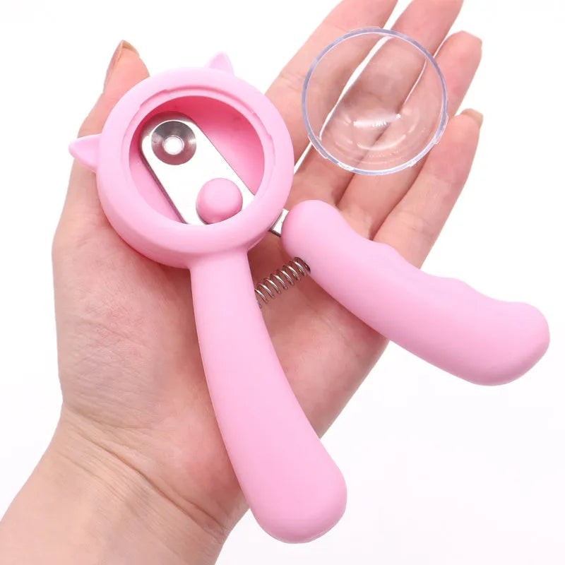 Blue and pink professional stainless steel nail clippers for pet dog and cat claw grooming.