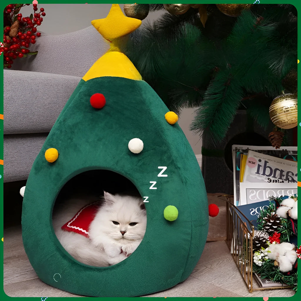 Plush teddy pet bed in Christmas tree cave shape with detachable and washable cover
