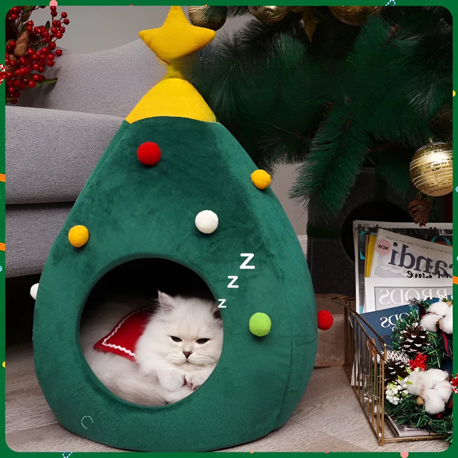 Plush teddy pet bed in Christmas tree cave shape with detachable and washable cover