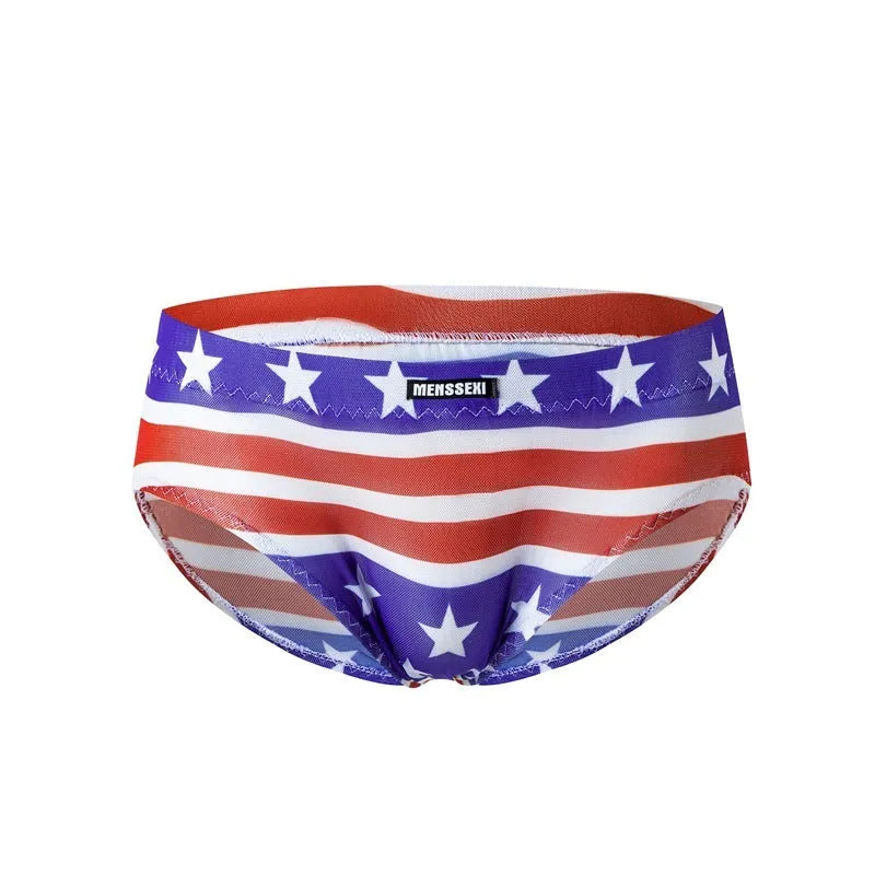 Men's low waist printed briefs in lightweight polyester fabric on a colour background