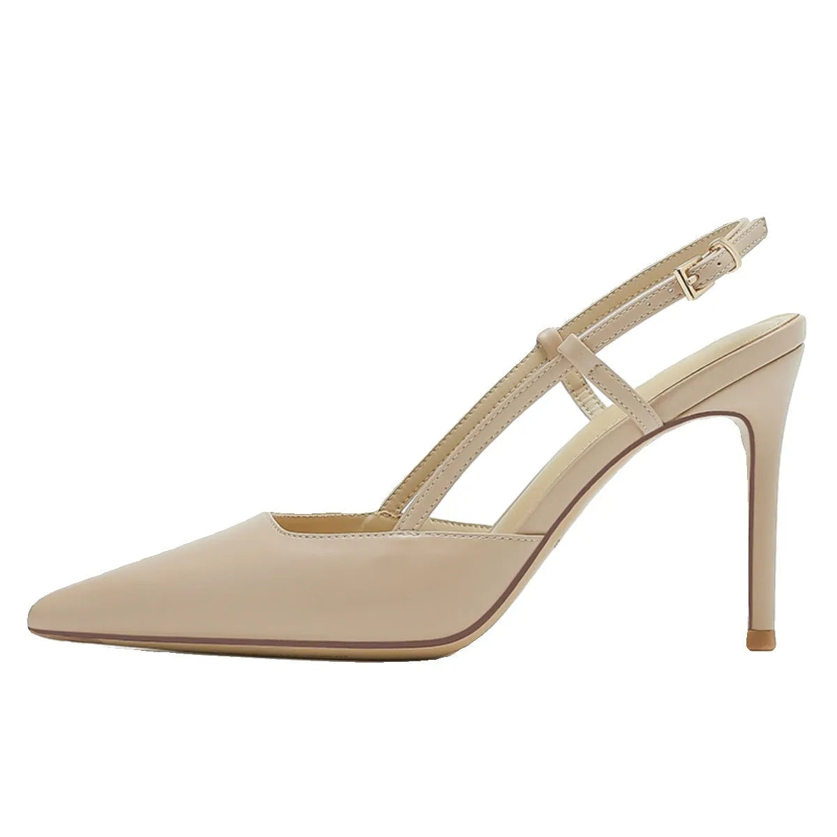 Apricot women's high-heeled sandals with a buckle toe strap, shown with a rubber sole.