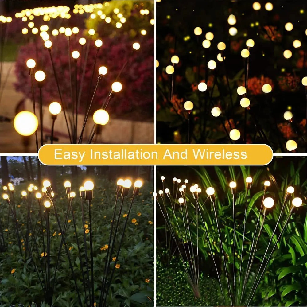 Solar-powered LED garden ground light with multiple light heads and a pneumatic foot pedal for installation.