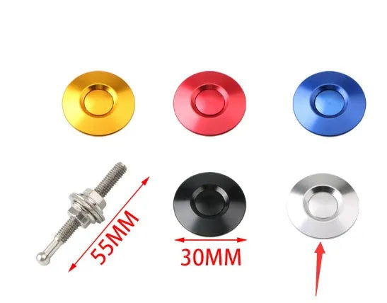 30mm diameter aluminium alloy engine cover lock in silver, black, gold, blue, and red colours next to a 55mm screw.