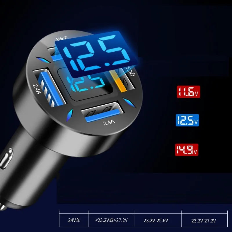 Black four-port car USB charger with LED digital display plugged into a vehicle socket.