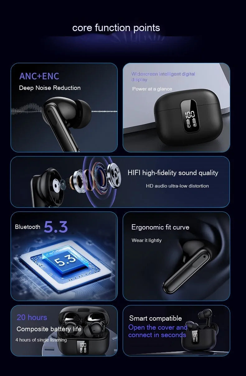 Y40 true wireless Bluetooth earphones with charging case in black, featuring ANC ENC noise cancellation and 13mm driver