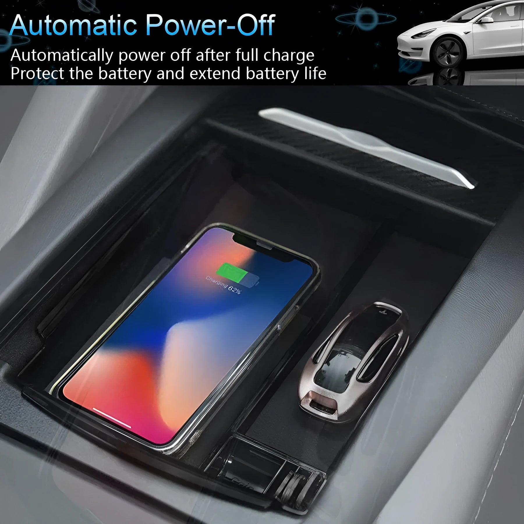 Black ABS wireless charging storage box with QI charging capability and storage compartment