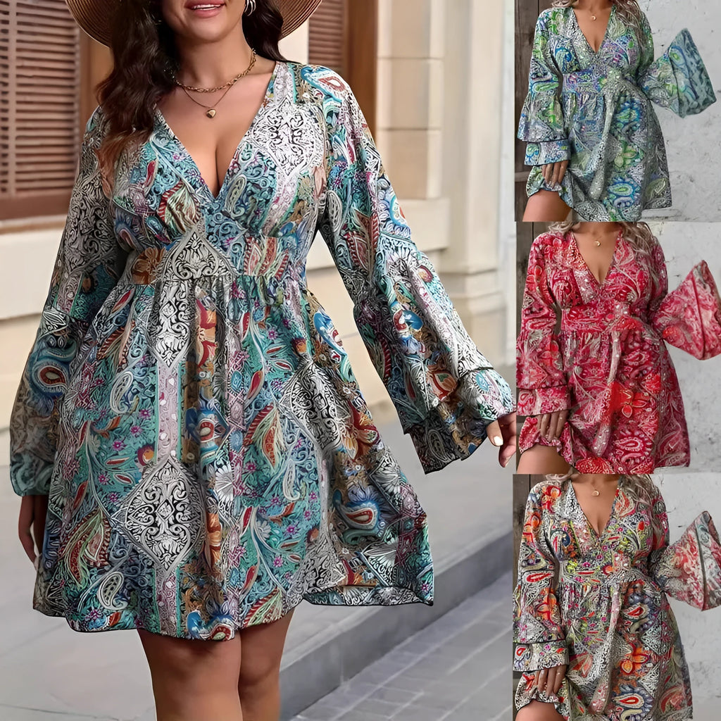 Women's plus size V-neck bell sleeve dress in bohemian print with A-line skirt