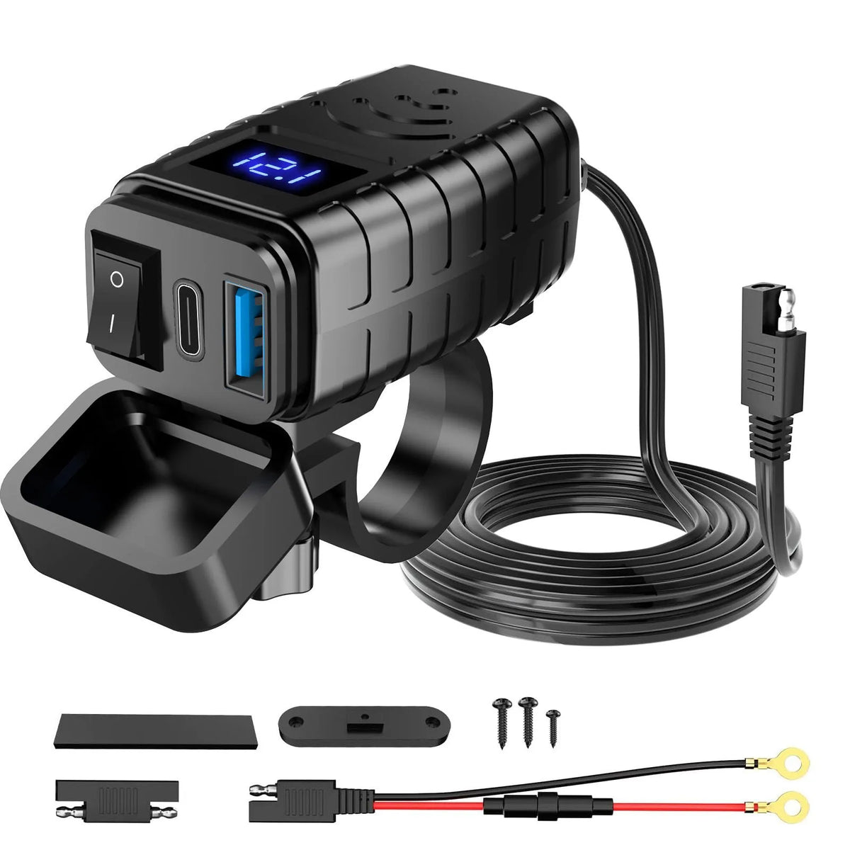 Motorcycle mobile phone charger with waterproof digital display and blue screen, 150cm cable, for most motorcycles.