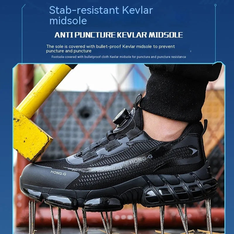 Lightweight black Flyknit safety work shoes with steel toe cap and lace-up front.