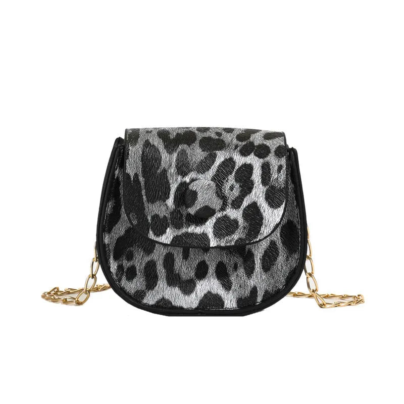 Mini leopard print PU saddle bag in horizontal square shape, with sandwich pocket, black or reddish brown