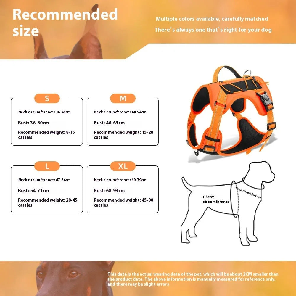 Orange reflective dog vest harness with a black detachable hand-holding rope laid flat.