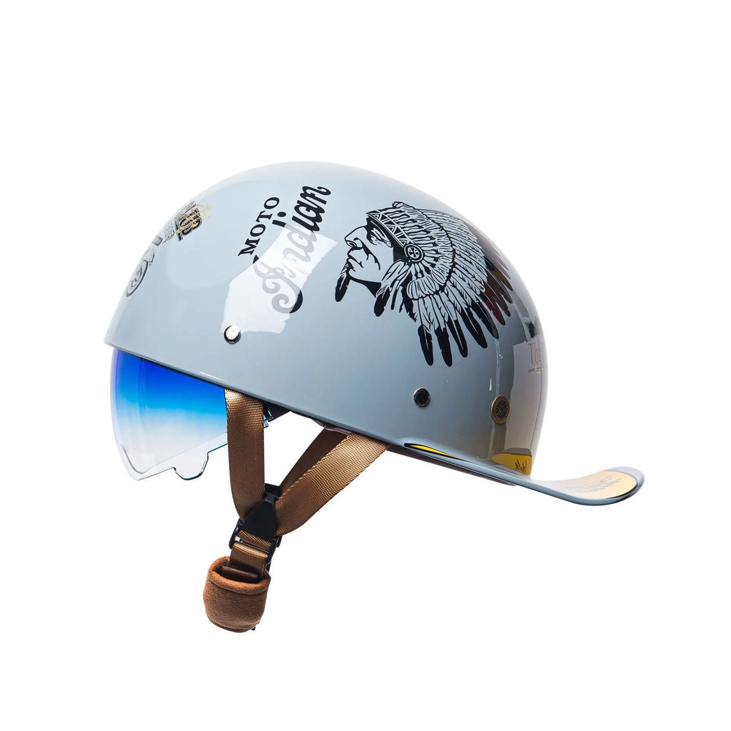 Men's bright black retro half helmet for electric bicycles with a gradient blue tinted lens.