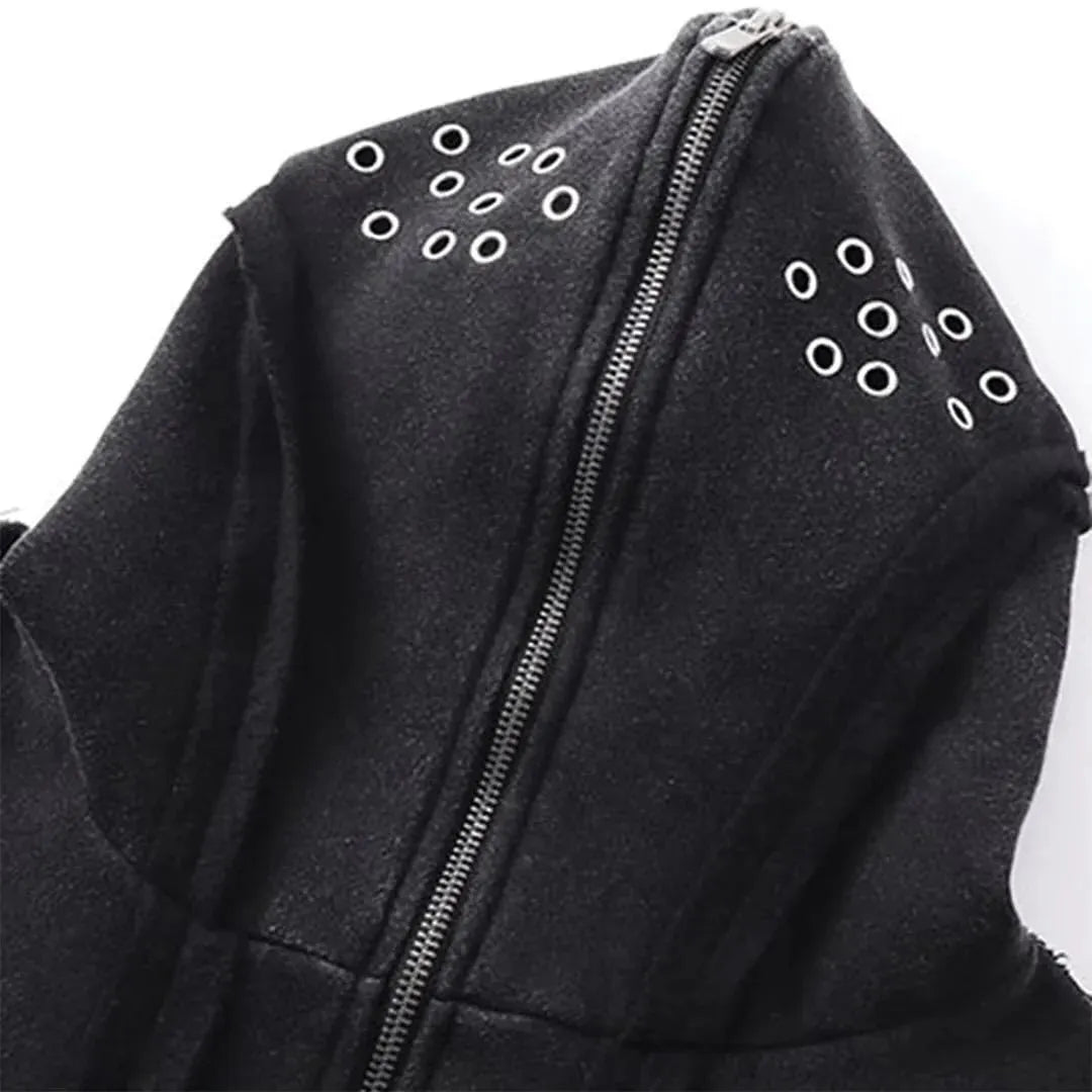 Man wearing a black retro-style zip-front cotton hooded coat with abstract pattern.