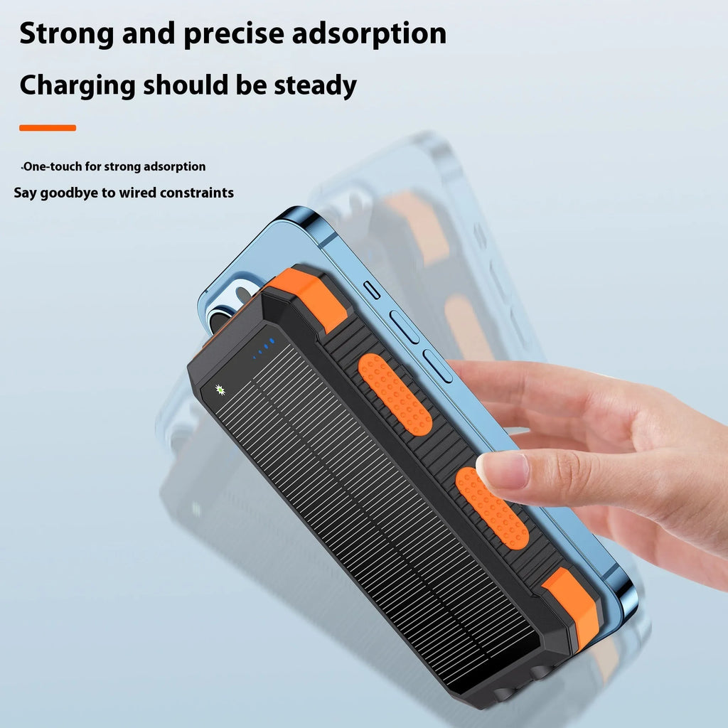 Solar magnetic wireless charger power bank 20000mAh with outdoor lighting in black, blue, green, orange, red options