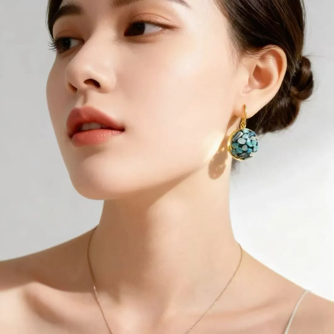 Handmade mother-of-pearl earrings with Chinese character Fu, Chanel style, clip-on design for women