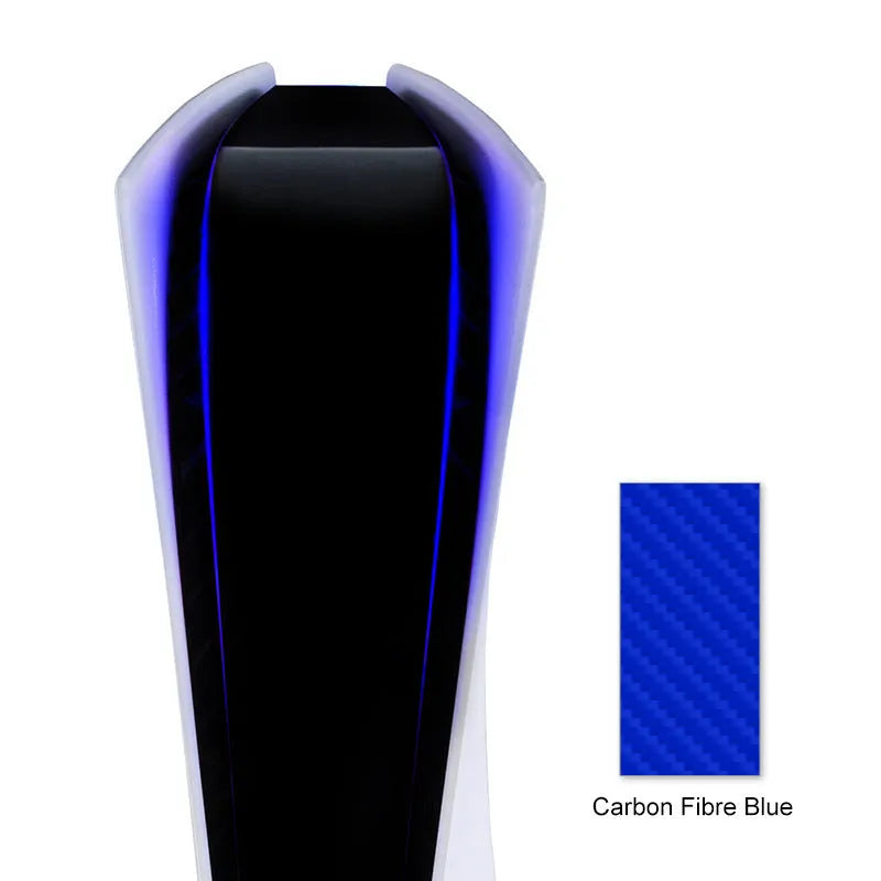 PS5 LED light bar sticker in carbon fibre design, showing pink, red, gold, and blue colour options.
